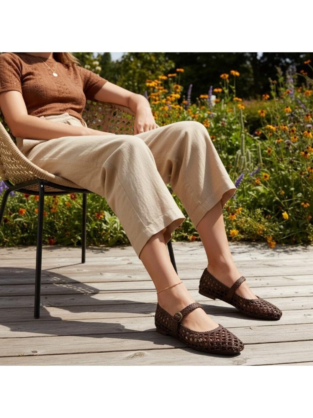 Women's Brown Woven Comfortable Braided Adjustable Buckle Mary Jane Ballet Flats - Picture 6 of 6